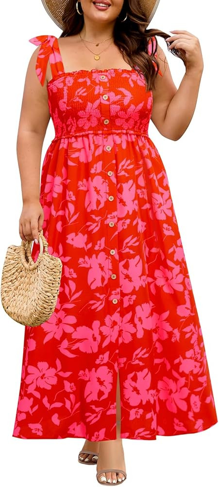 Plus Size Summer Dress - Sun Casual Beach Boho Floral Button Down Long Maxi Sundress | Amazon (US)