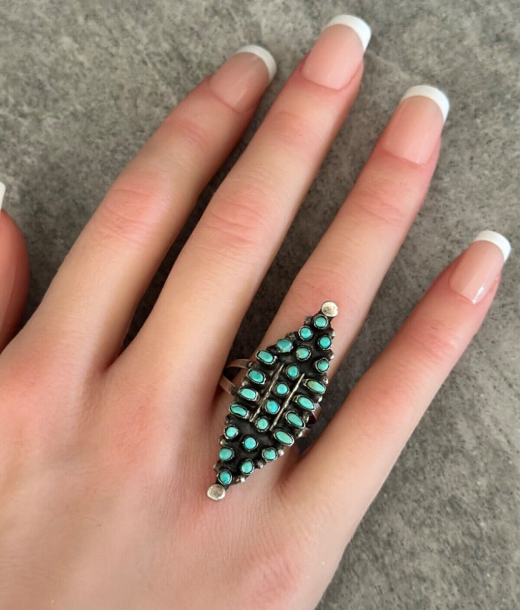Old Vintage ZUNI Petit point Snake eye Turquoise sterling Silver RING 8.5  | eBay | eBay US