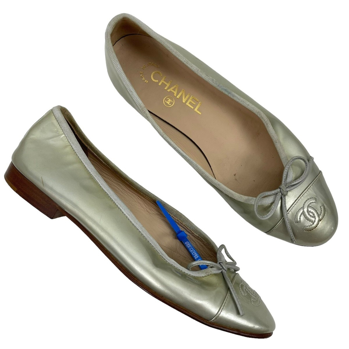 Chanel Cap Toe CC Logo Bow Ballet Flats Patent Leather Light Gold Women Size 37 | eBay US