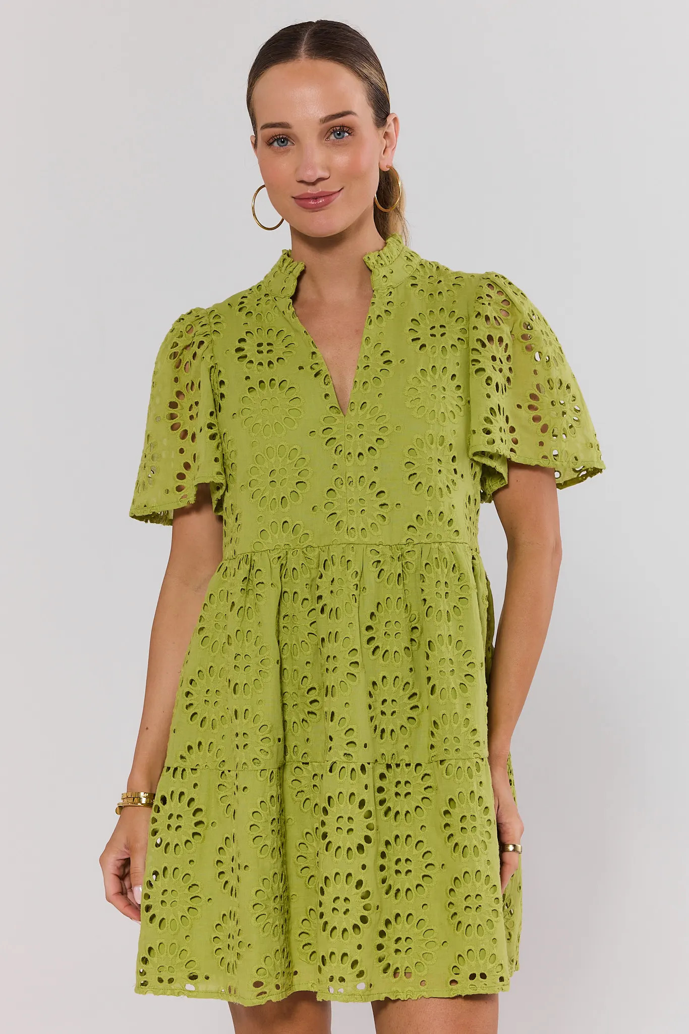 Green Eyelet Embroidered Short Dress | Avara