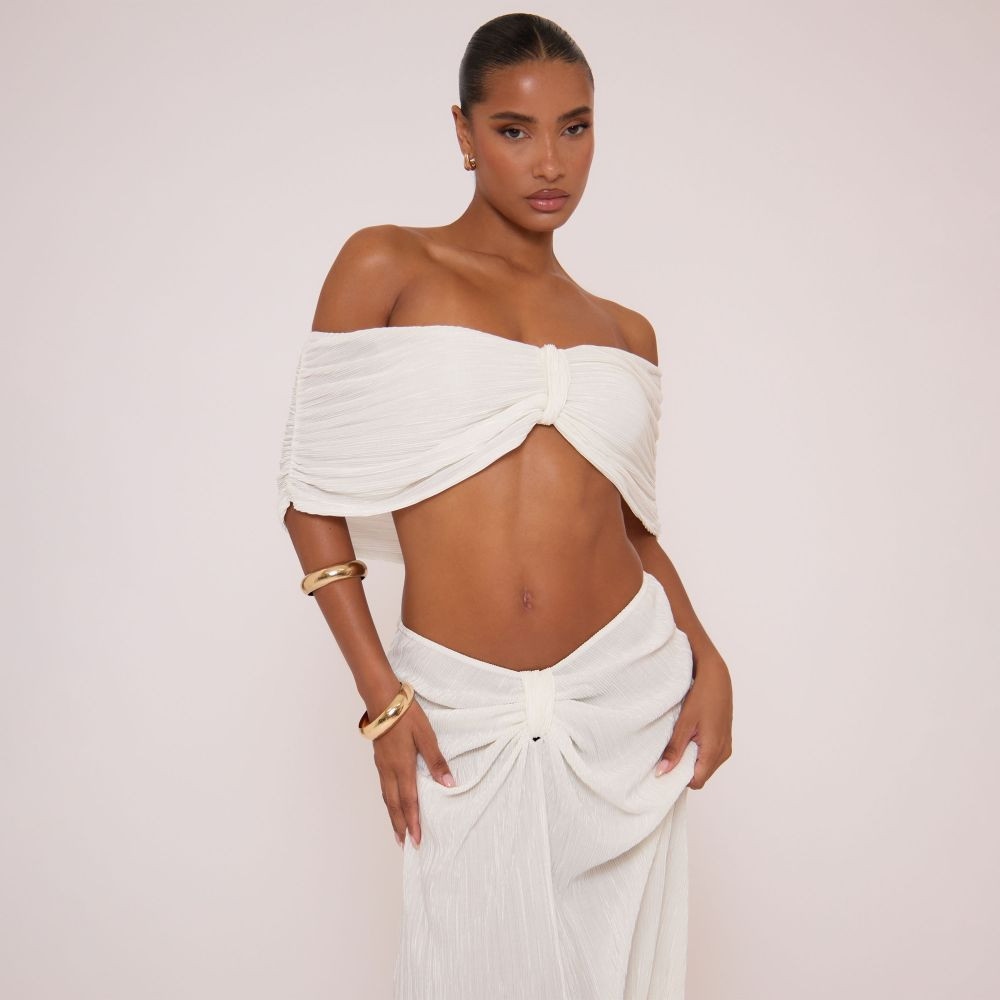 Bardot Knot Front Detail Ruched Crop Top In White | EGO (UK)