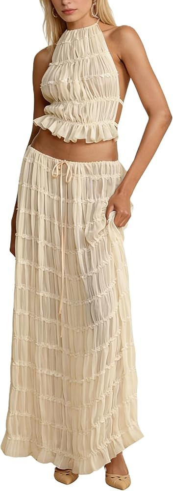 Womens Y2k Maxi Skirt Set Backless Lace Halter Crop Top and Long Skirt Sets Beach Cocktail Club D... | Amazon (US)