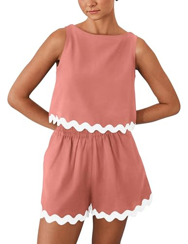 PRETTYGARDEN Women's 2 Piece Beach Vacation Outfits Casual Cropped Tank Top High Waist Shorts Set Tracksuit (Pink,Small) | Amazon (US)