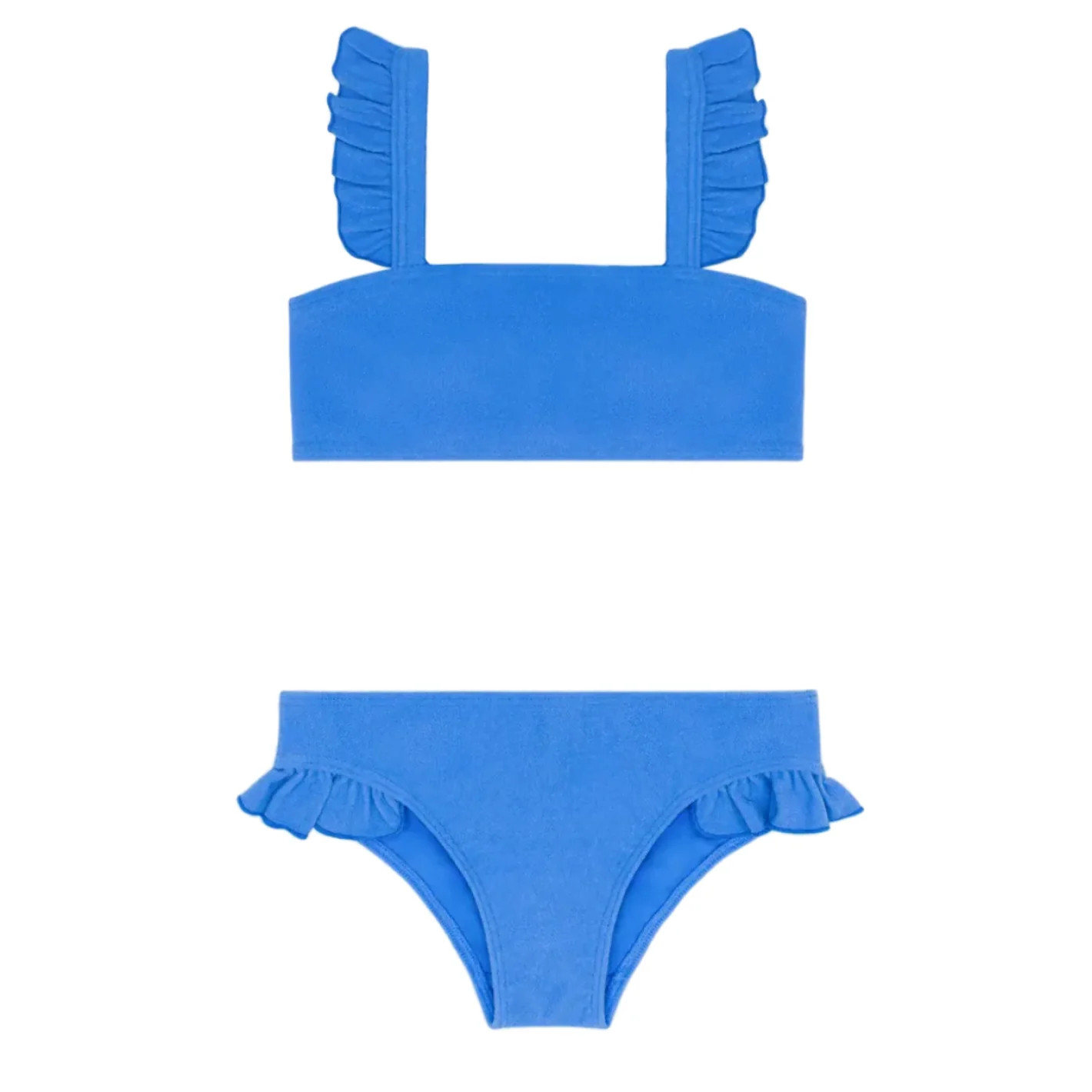 girls deep sea blue terry ruffle strap bandeau bikini | Minnow