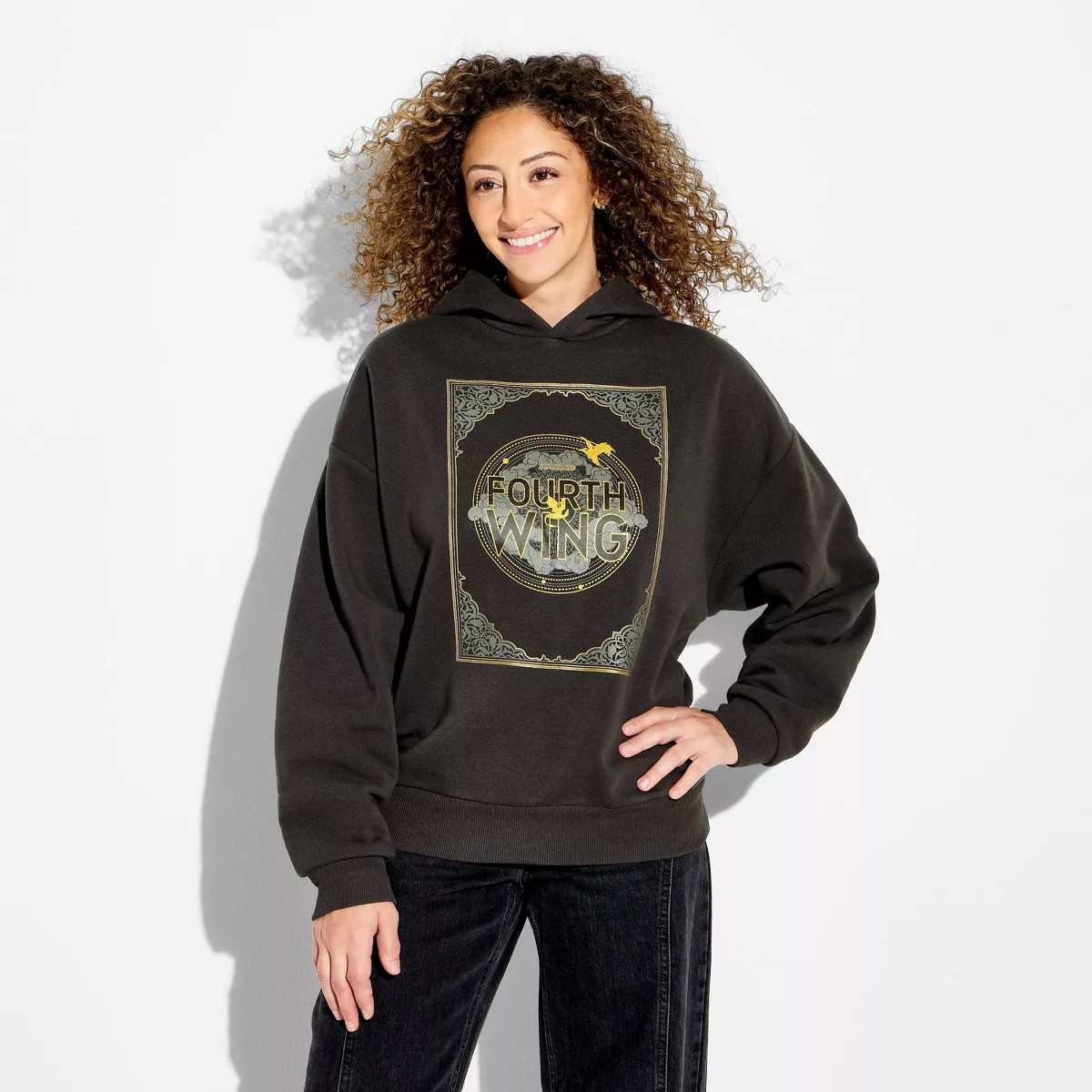 Women's Fourth Wing Fleece Hooded Graphic Pullover Sweatshirt - Black XXS | Target