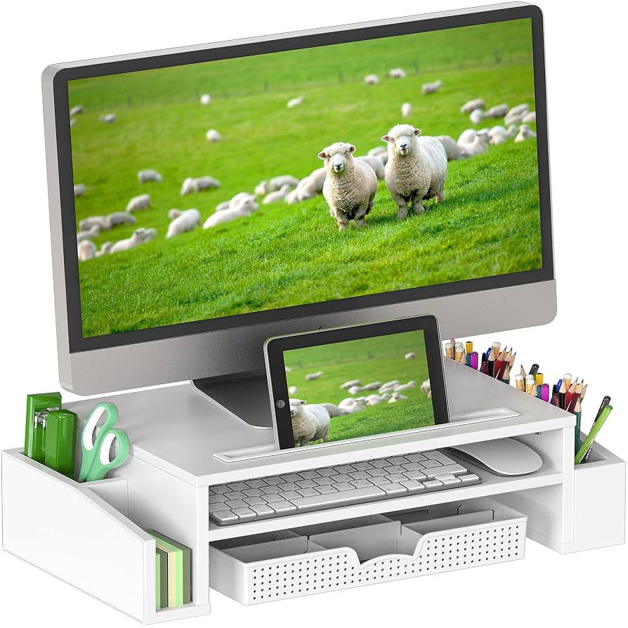 Simple Houseware Desk Monitor Stand Riser with Adjustable Organizer Tray, White | Amazon (US)