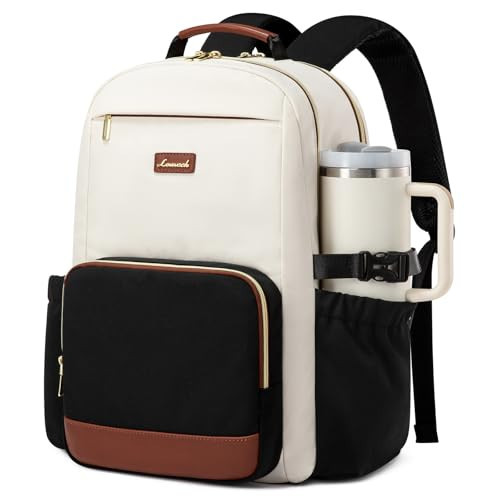 LOVEVOOK Laptop Backpack for Women with Pouch Pocket for Large Capacity Cup,15.6 Inch Laptop Computer Bag Travel Backpack Purse,Waterproof Work Business Backpack College Teacher Bags,Beige-Black-Brown | Amazon (US)