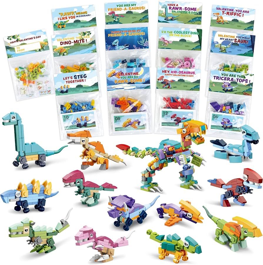 24 Packs Valentines Day Cards for Kids with Dinosaur Building Blocks for School Classroom Valenti... | Amazon (US)