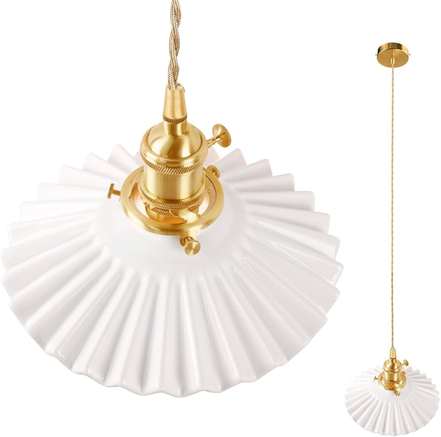 Shenmoyl 【Upgraded】 Pendant Light Retro White Pleated Ceramic Lampshade Nordic Hanging Lamp, ... | Amazon (US)