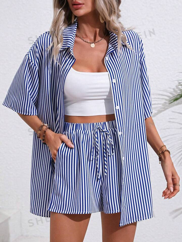 SHEIN LUNE Striped Drop Shoulder Shirt & Knot Front Shorts | SHEIN