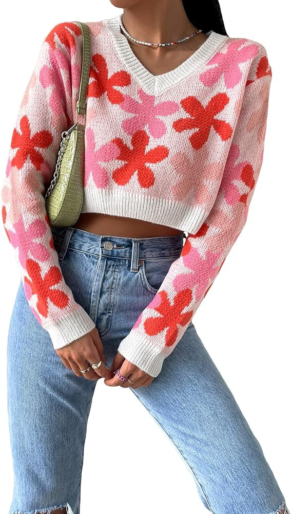 Floerns Women's Casual Rib Knit Long Sleeve V Neck Floral Pattern Drop Shoulder Crop Sweater Top | Amazon (US)