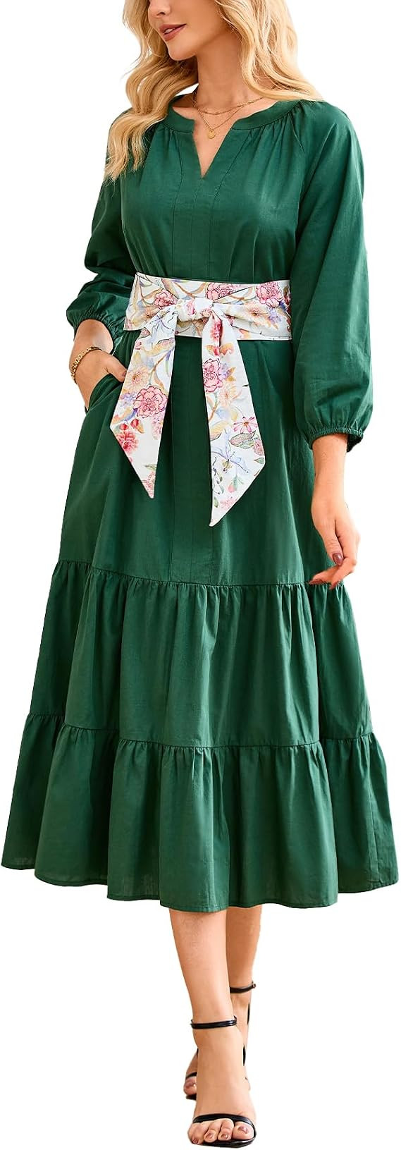 Women’s Cotton Maxi Dress Casual V Neck 3/4 Sleeve Flowy Tiered A Line Dress with Floral Belt | Amazon (US)