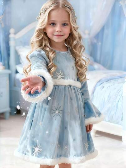 Girls Velvet Long Sleeve Dress, Snow Flake Silver Foil Print, Casual Style, Soft & Comfortable, F... | SHEIN