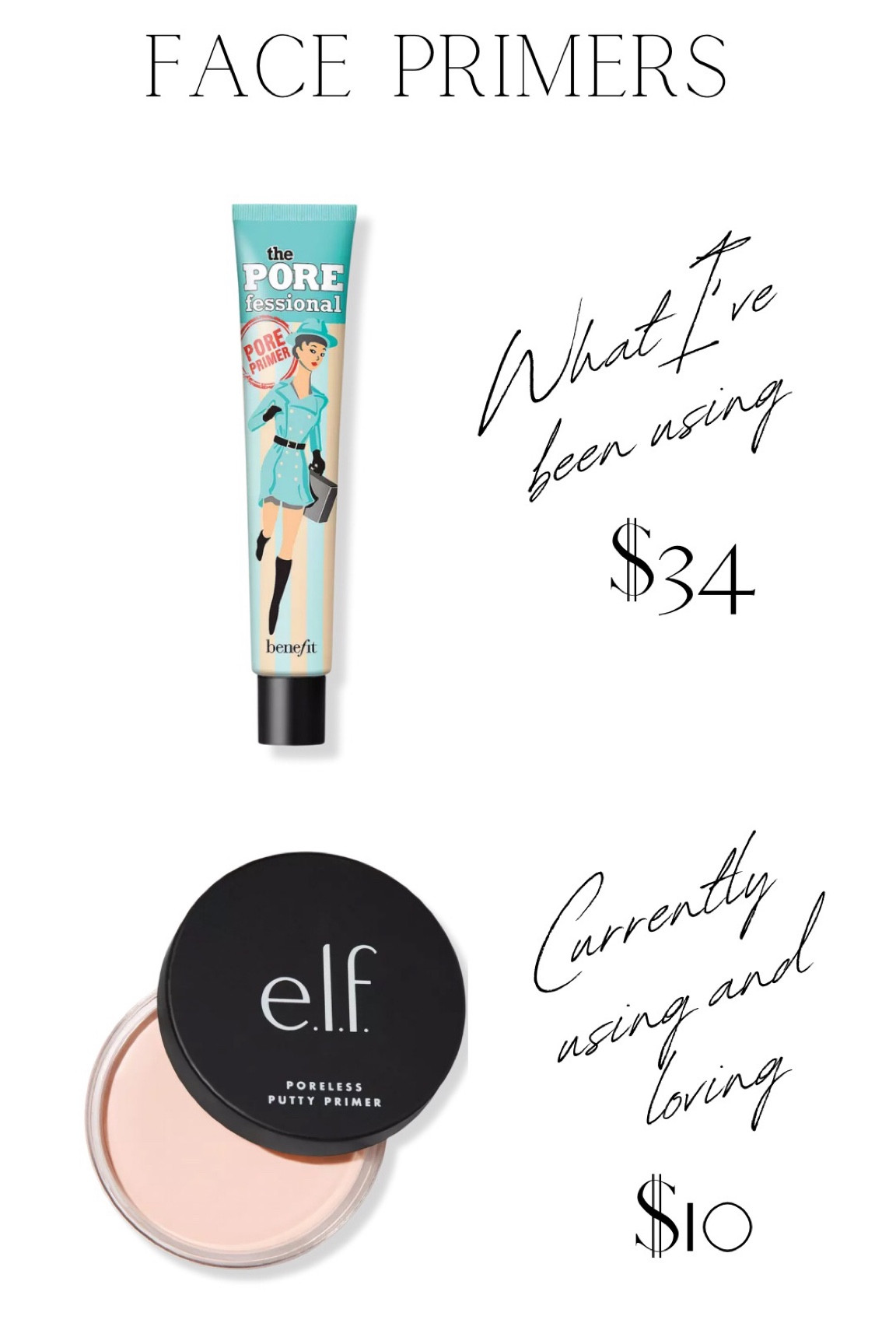 Benefit definitely has more of a soft silky smooth feeling when applying but elf fills pores and lines flawlessly and is still super light feeling. Plus is more than HALF the cost! ELF takes this one for me! 

#LTKFind #LTKunder50 #LTKbeauty