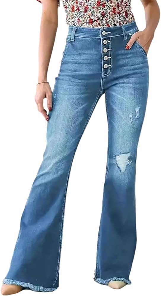 Women's Frayed Stretch Ripped Flare Bell Bottom Jeans | Amazon (US)