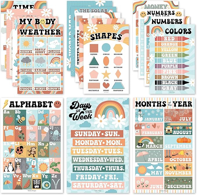 16 Retro Kids Educational Posters For Toddlers - Pre K Learning Posters For Toddlers 1-3, Kinderg... | Amazon (US)