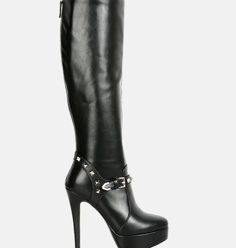 London Rag Nephele Studs Embellished Stiletto Calf Boots - Black - US-9 / UK-7 / EU-40 | Verishop