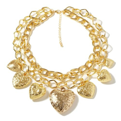 JNF Chunky Layer Heart Charm Necklace for Women Boho Heart Sun Flower Key Coins Charms Necklaces Paperclip Link Chain Necklace Y2K Statement Jewelry | Amazon (US)