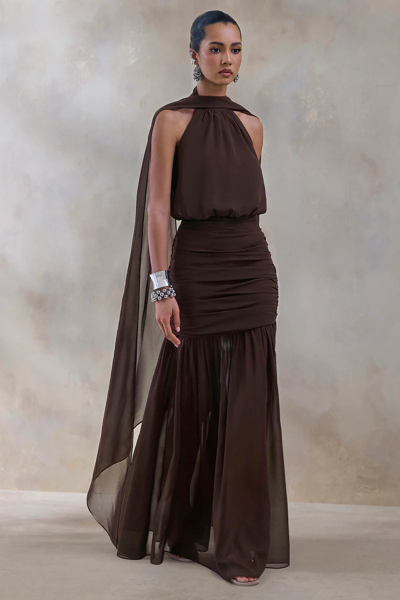 Veronique  Brown Halter-Neck Maxi Dress | Club L London
