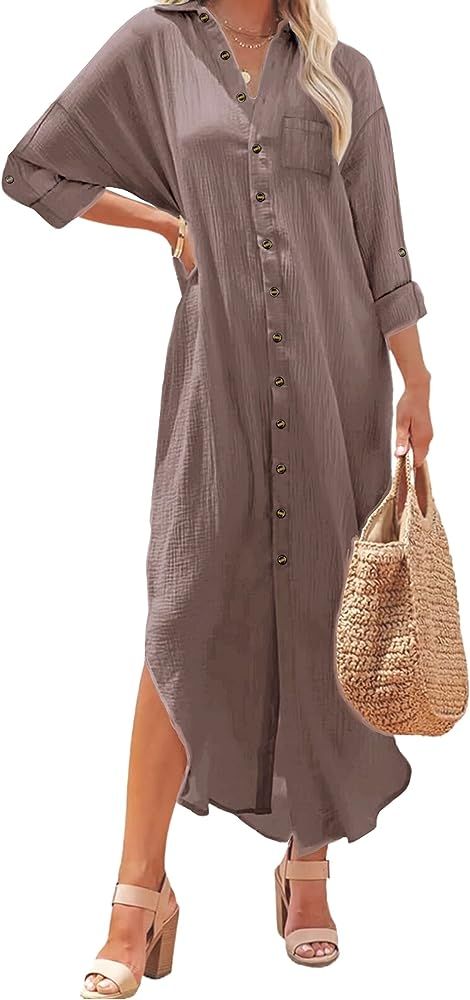 Kuraki Women's Casual Print Button Front Maxi Shirt Dress | Amazon (US)