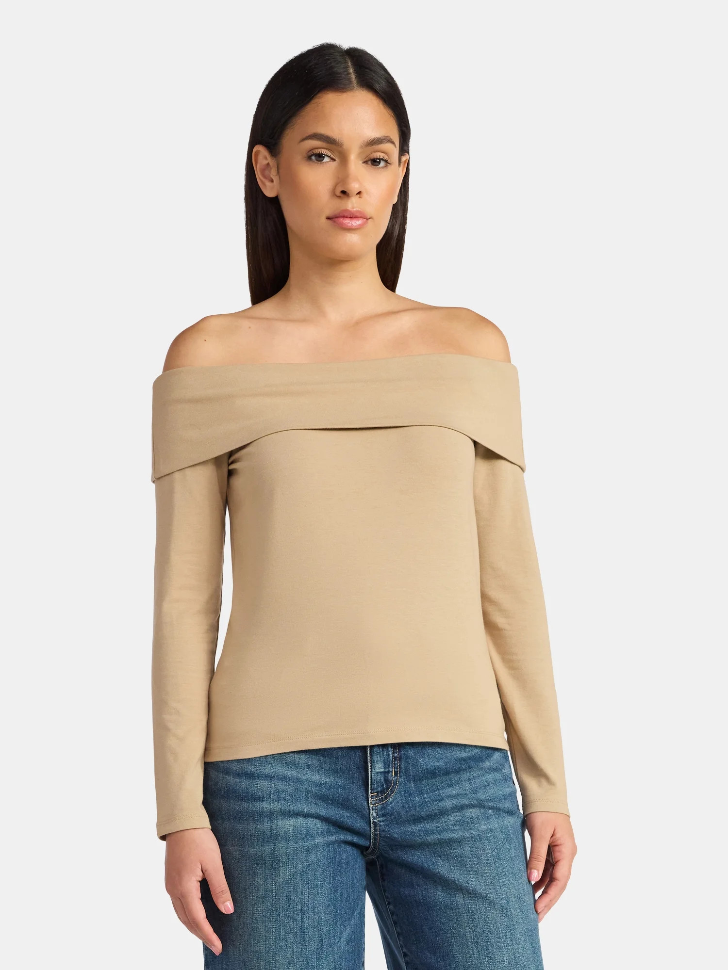 Time and Tru Women’s Fold Over Off Shoulder Top with Long Sleeves, Sizes XS-XXXL | Walmart (US)