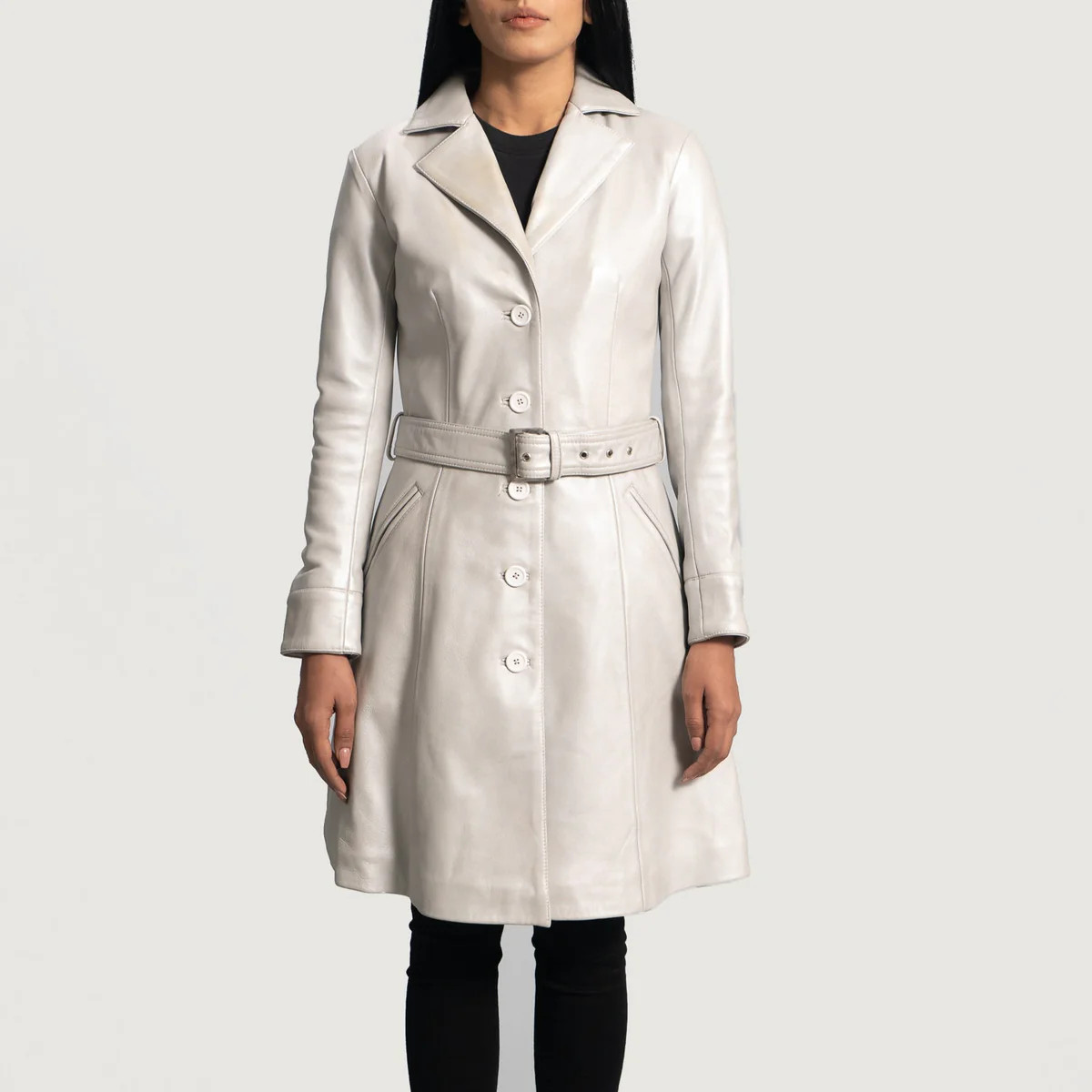 Women's Moonlight Silver Leather Trench Coat | The Jacket Maker