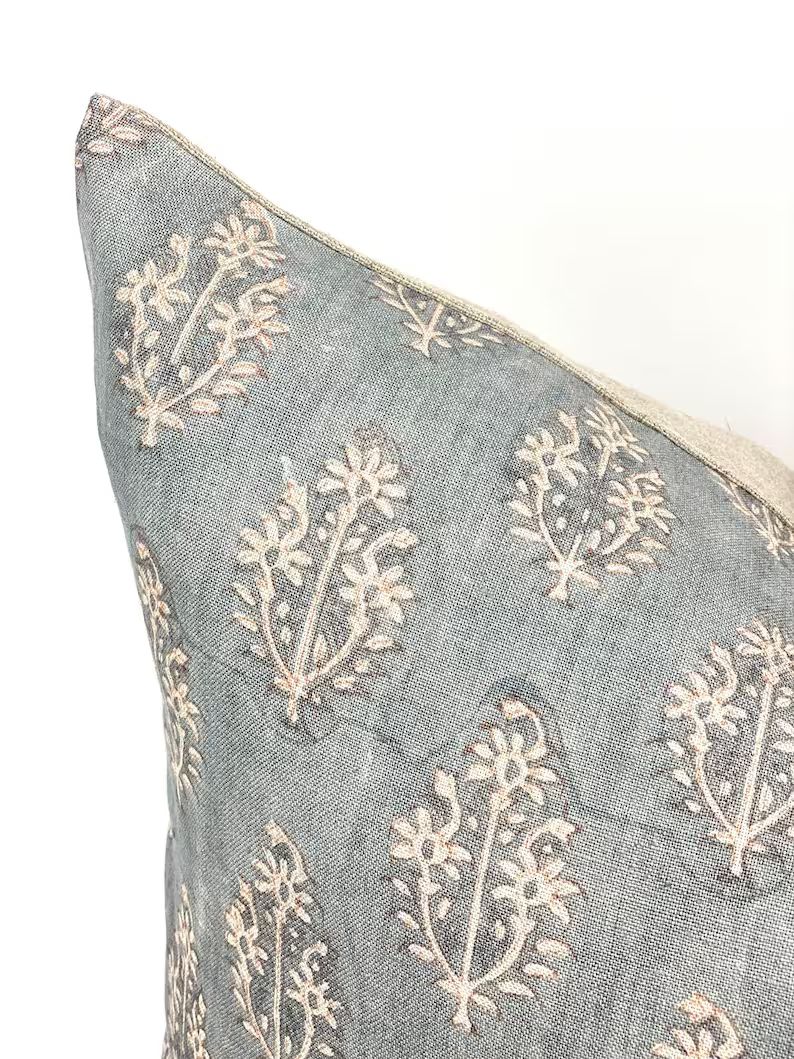 ARDEN  Designer Blue Grey Linen Pillow Cover Block Print - Etsy Canada | Etsy (CAD)