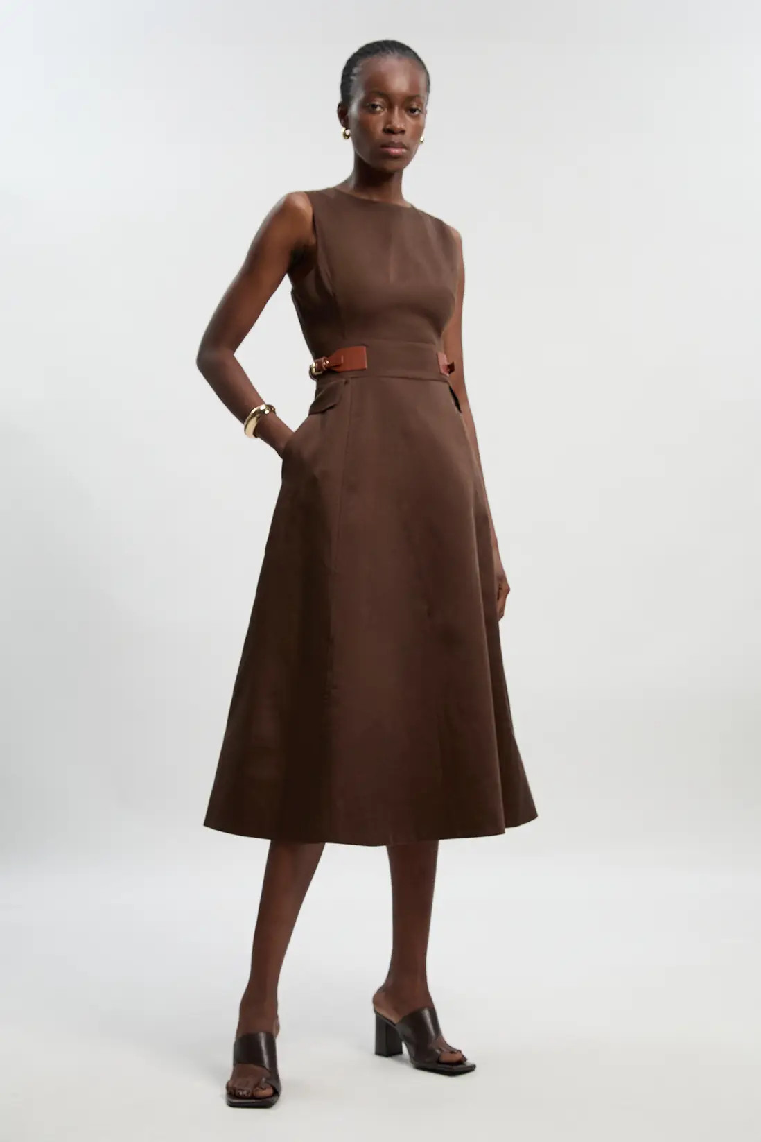 Tailored Linen Tab Waist Detail Full Skirt Midi Dress | Karen Millen