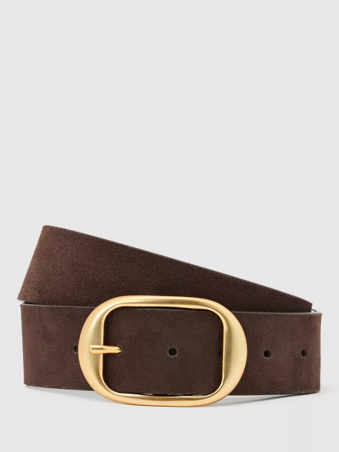 Reiss Athena Oval Buckle Pure Suede Belt, Chocolate | John Lewis (UK)