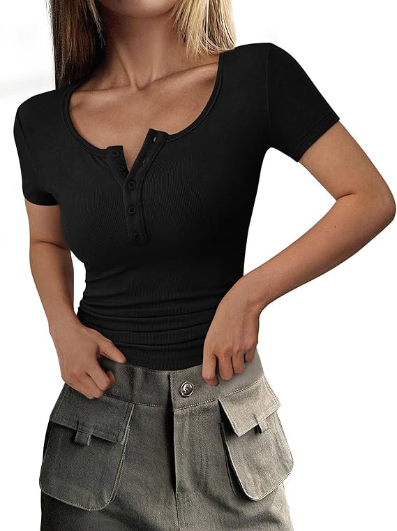 PRETTYGARDEN Women's 2026 Fall Summer Short Sleeve Tops Ribbed Henley Button Slim Fit Basic Casua... | Amazon (US)