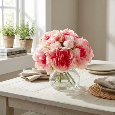 Artificial Peonies with Glass Vase, Faux Peony Fake Flowers with Faux Water, Silk Flower Arrangements for Home Decor, Bathroom, and Table Centerpiece | Wayfair North America