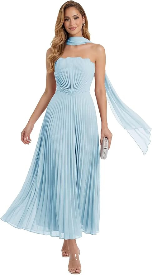Womens Chiffon Formal Dress with Scarf Strapless Pleated A-Line Long Bridesmaid Dress Cocktail We... | Amazon (US)