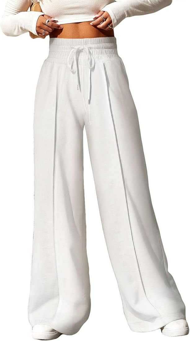 Aleumdr Women's High Waisted Drawstring Waist Wide Leg Sweatpants with Pockets Casual Loose Yoga ... | Amazon (US)