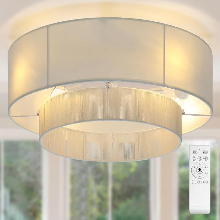 20" White Boho Fandelier Ceiling Fan with Light, Flush Mount Fabric Chandelier Fan Remote Control... | Amazon (US)