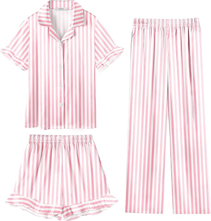 Arshiner Girls Pajamas Sets 3 Piece Silk Pjs Short Sleeve Sleepwear Satin Ruffle Nightwear | Amazon (US)