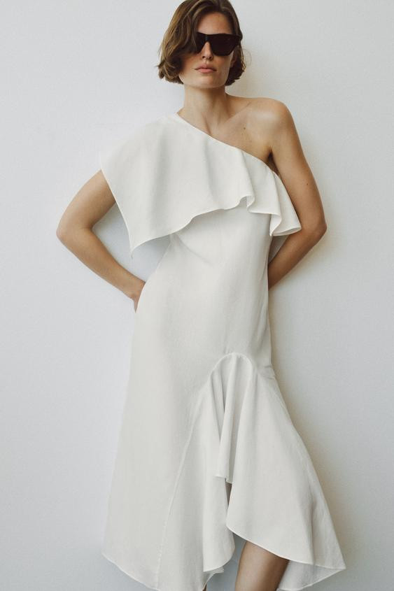 ASYMMETRIC RUFFLED LINEN BLEND DRESS ZW COLLECTION | Zara US
