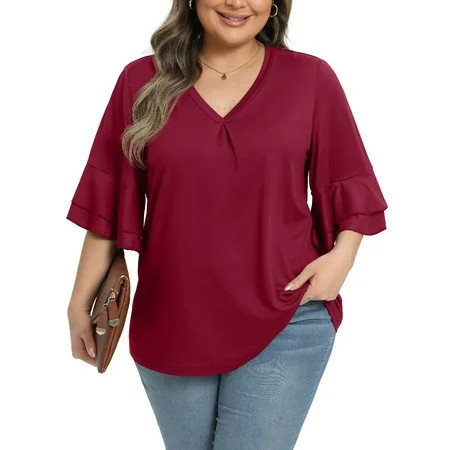 Gleelist Womens Plus Size Tops 3/4 Ruffle Layered Sleeve V Neck Pleated Tee Shirts Basic Loose Fit Soft Summer Tunic Blouse 1X-5X | Walmart (US)