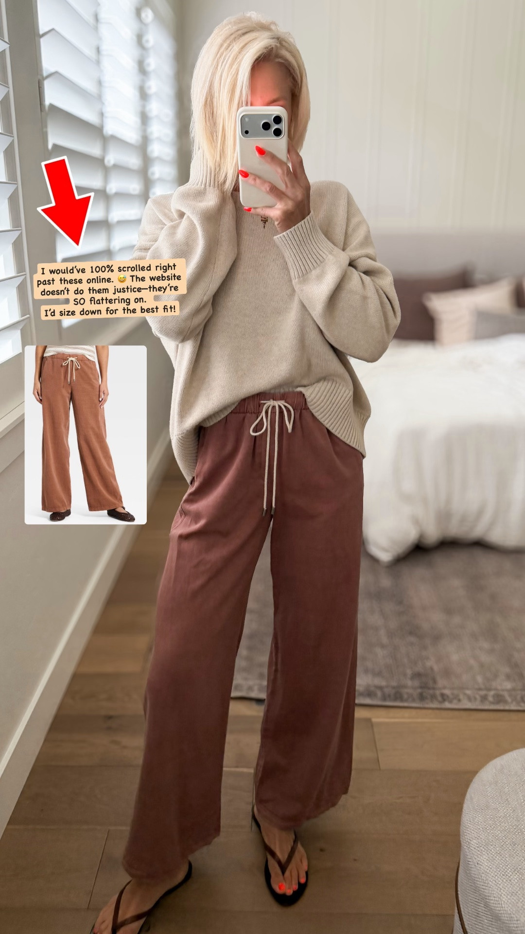 I’m so glad I tried these pants! 
They look kinda dumpy online — when in actuality they’re so flattering!
Consider sizing down — I think they fit big. Wearing a small.
I sized up to a large in the sweater.

#LTKmomlife #LTKdayinmylife #LTKOver40