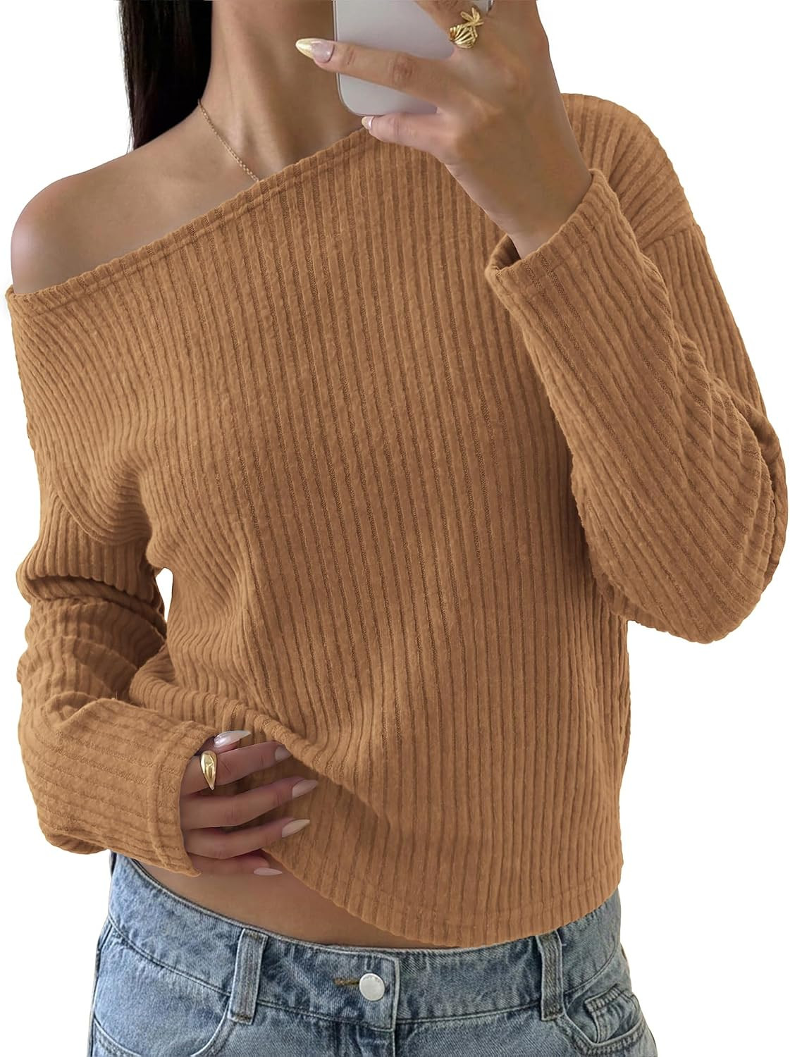 KIRUNDO Womens Off The Shoulder Sweater Rib Asymmetrical Tops | Amazon (US)