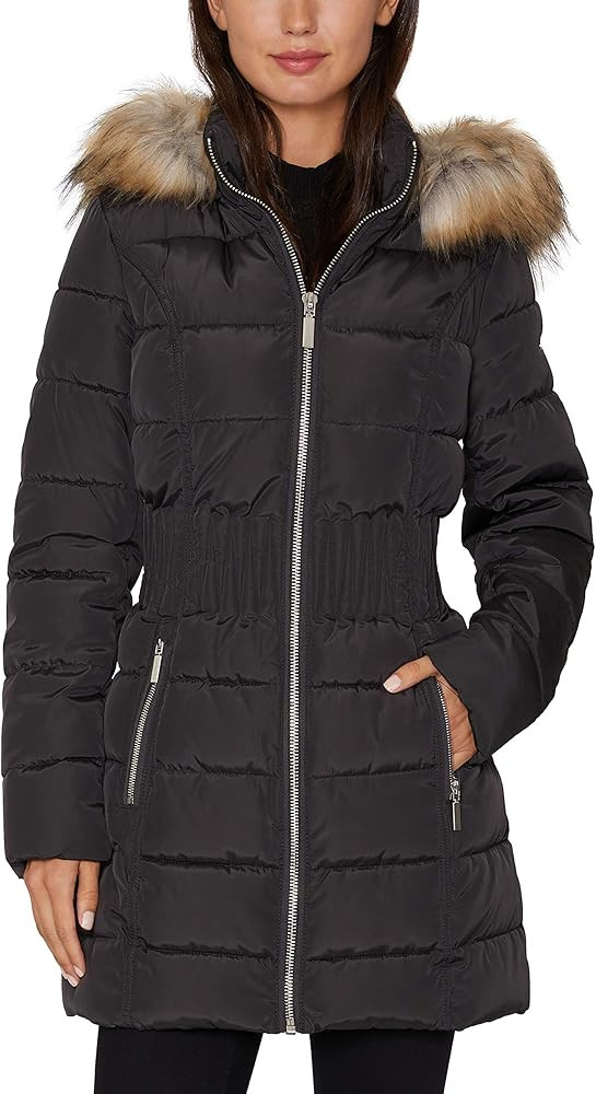 Laundry by Shelli Segal Women's 3/4 Puffer Jacket with Zig Zag Cinched Waist and Faux Fur Trim Ho... | Amazon (US)