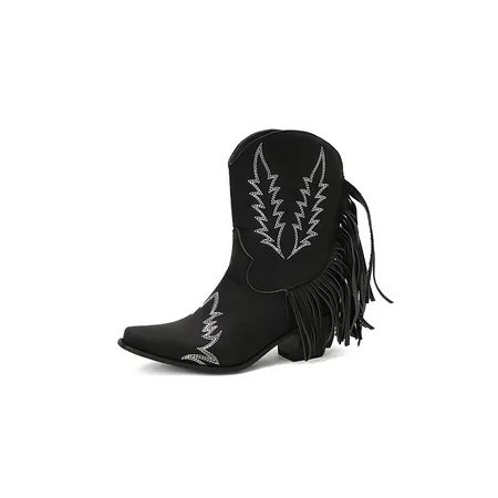Oucaili Womens Non-Slip Chunky Heel Cowgirl Boot Work Mid-Heel Western Boots Vintage Fringe Embroide | Walmart (US)