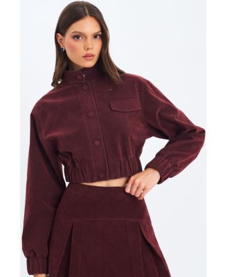 Miss Circle Women Farryn Mahogany Faux Suede Cropped Bomber Jacket - Mahogany | Macy's