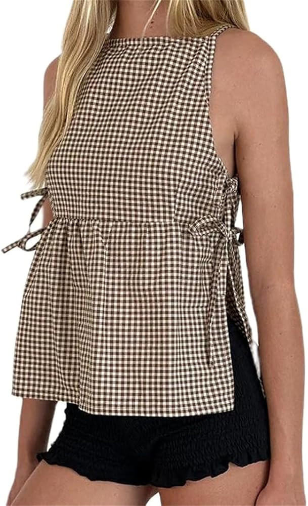 Women Tie Side Tank Top Sleeveless Split Peplum Coquette Shirt Plaid Trendy Going Out Summer Tops... | Amazon (US)