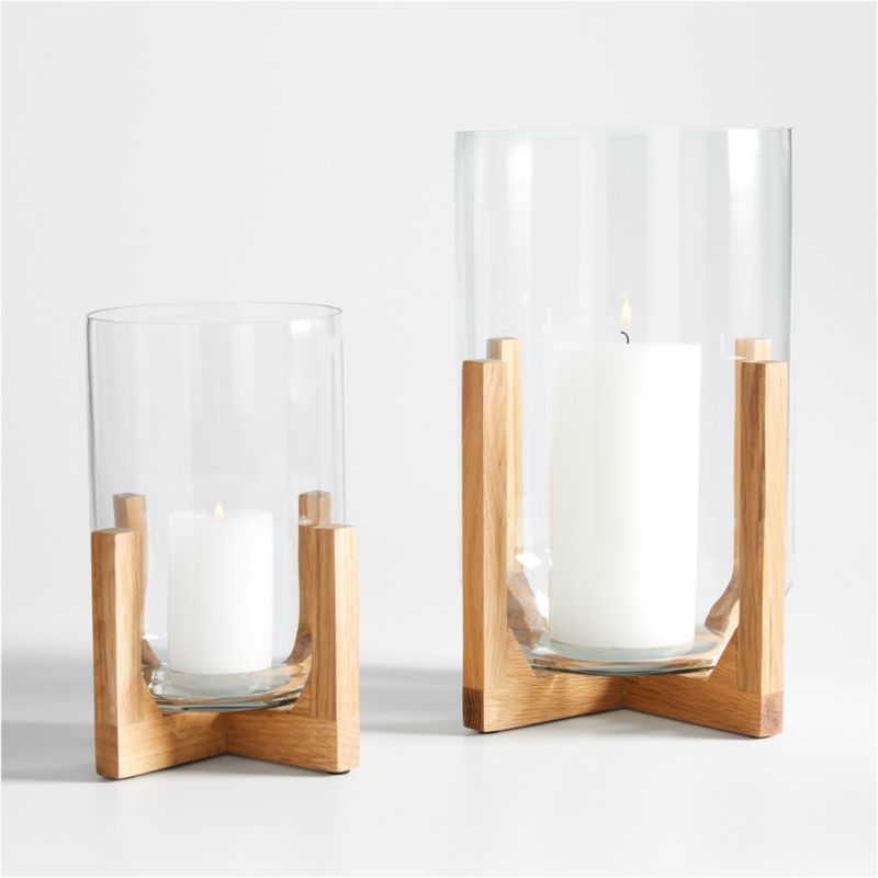 Lois Glass Hurricane Candle Holders with Wood Base | Crate & Barrel | Crate & Barrel