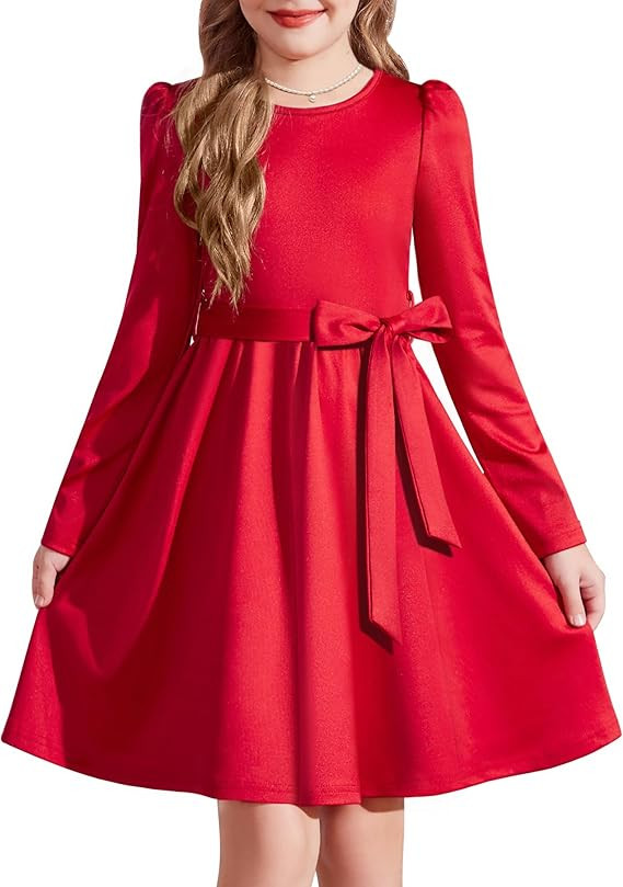 Arshiner Girls Dresses Puff Long Sleeve Fall Winter Formal Party Belted Dress with Pockets 6-14Y | Amazon (US)