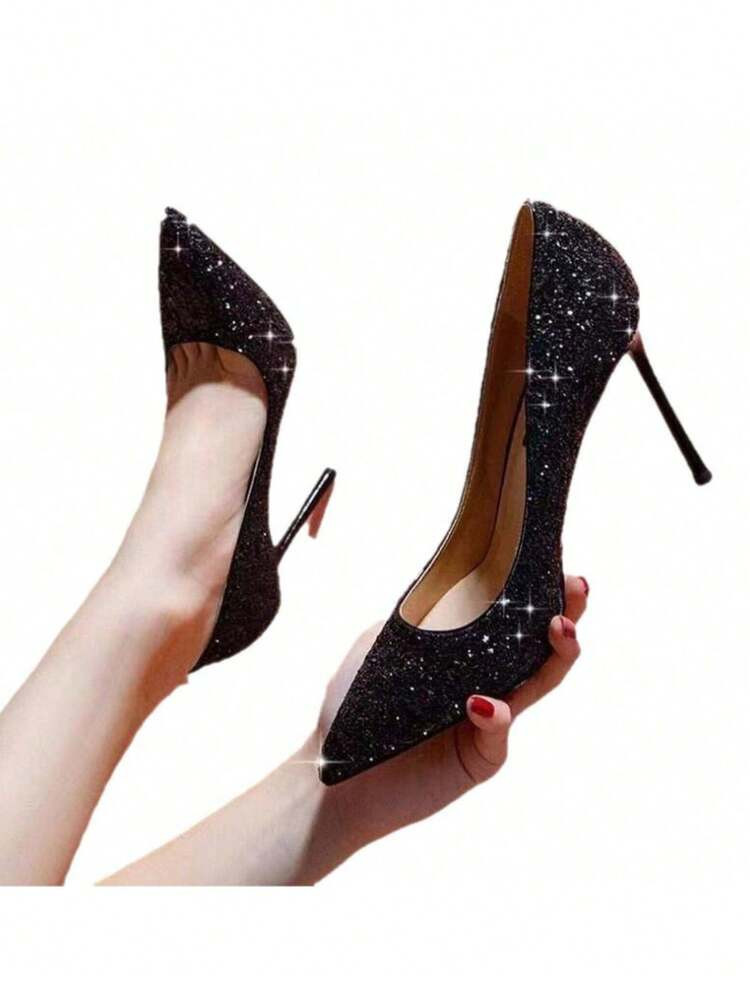 Glitter Red Soled High Heels For Women 2025 New Model, Size 43, Black Slim Heel, Sexy Pointed Toe, Exquisite Professional Temperament, Single Shoe | SHEIN
