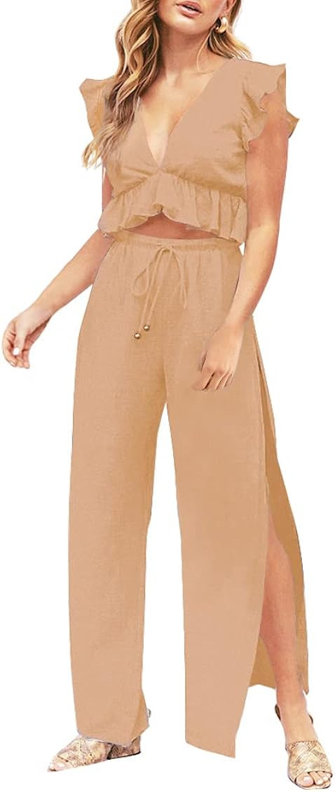 FANCYINN Womens 2 Pieces Outfits Deep V Neck Crop Top Side Slit Drawstring Wide Leg Pants Set Jum... | Amazon (US)
