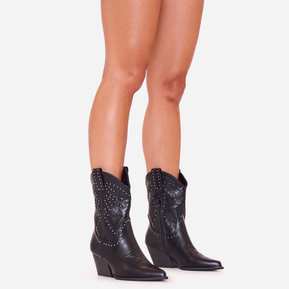 Delphi Stud Detail Pointed Toe Western Cowboy Ankle Boot In Black Faux Leather | EGO (UK)