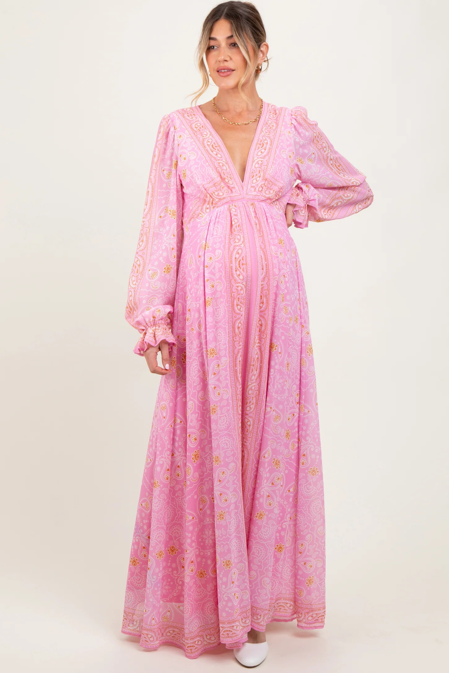 Pink Paisley Deep V-Neck Long Sleeve Maternity Maxi Dress | PinkBlush Maternity