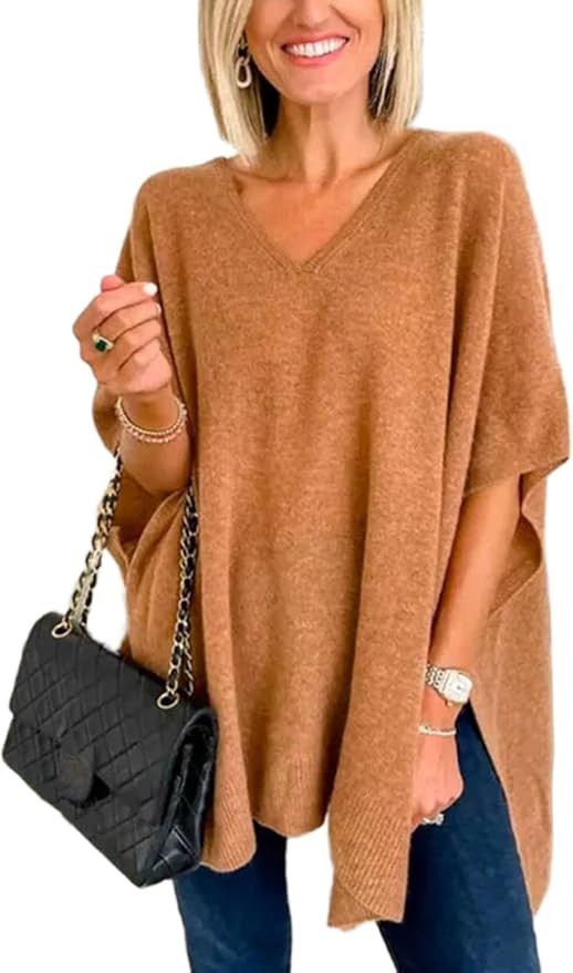 Womens Poncho Sweater Women V Neck Ponchos and Wraps Batwing Sleeveless Shawl Pullover Sweaters W... | Amazon (US)